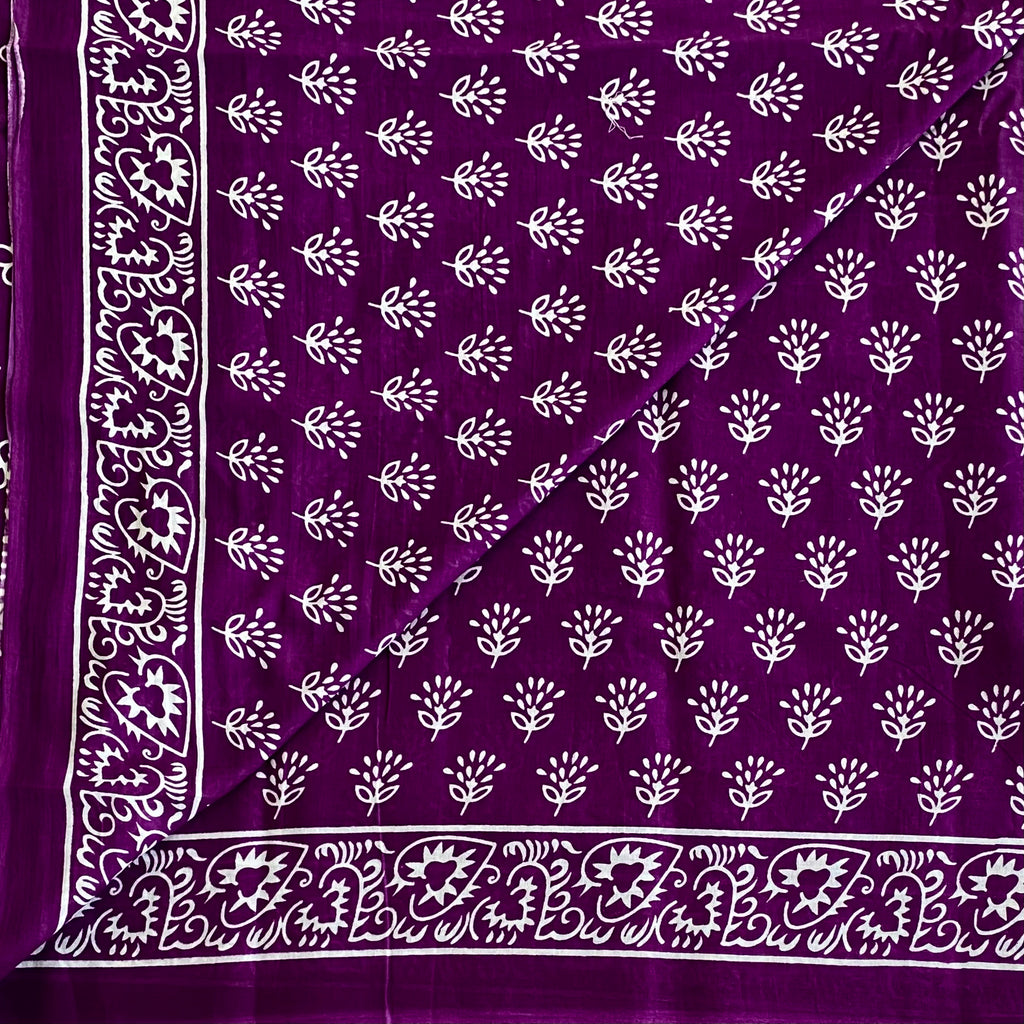 Purple Cotton Block Print Saree White Floral Paisley Border Traditional