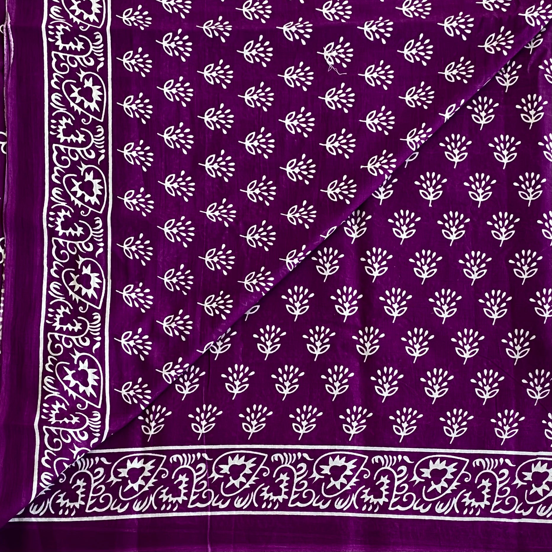 Purple Cotton Block Print Saree White Floral Paisley Border Traditional
