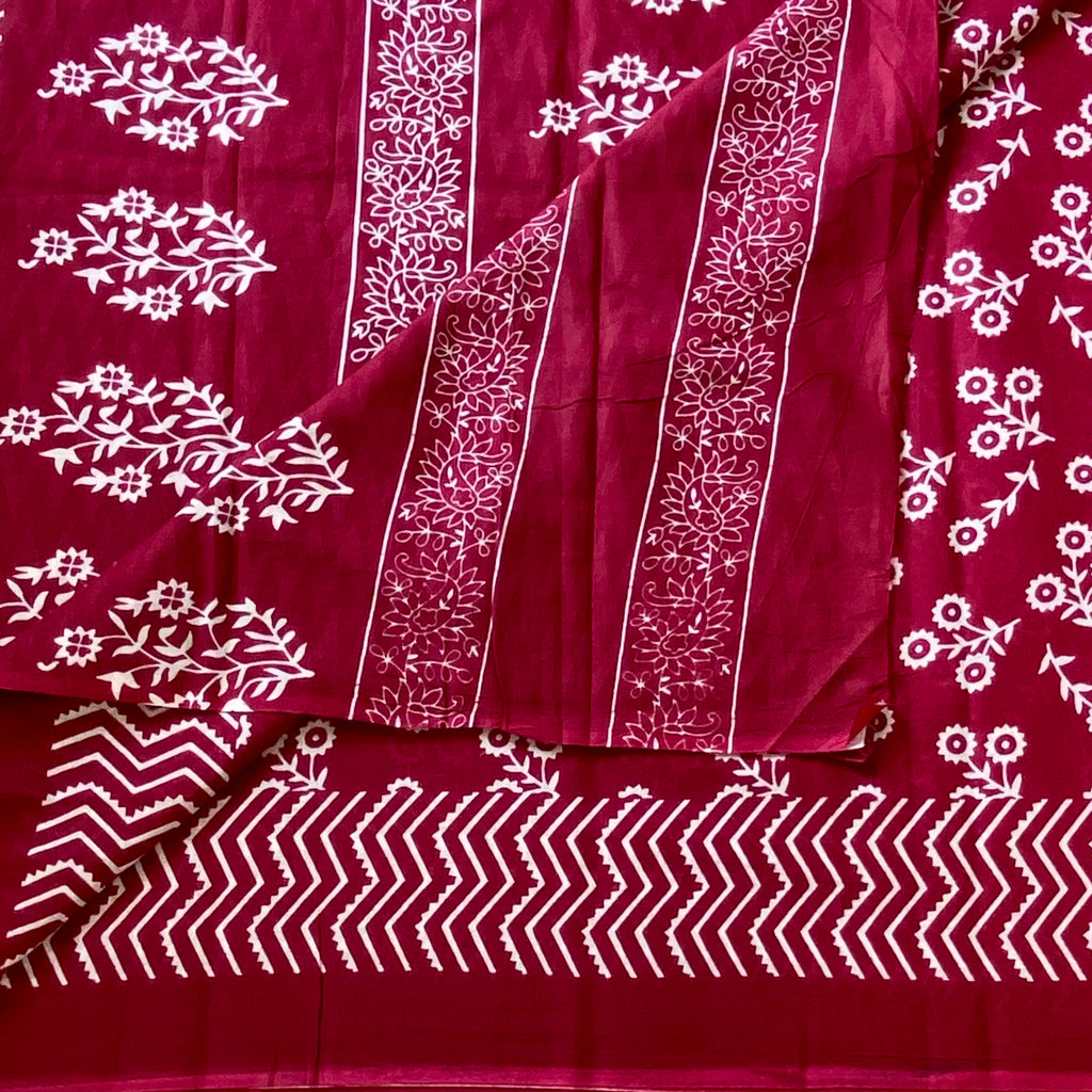 Deep Maroon Floral Block Print Cotton Saree Chevron Border Traditional