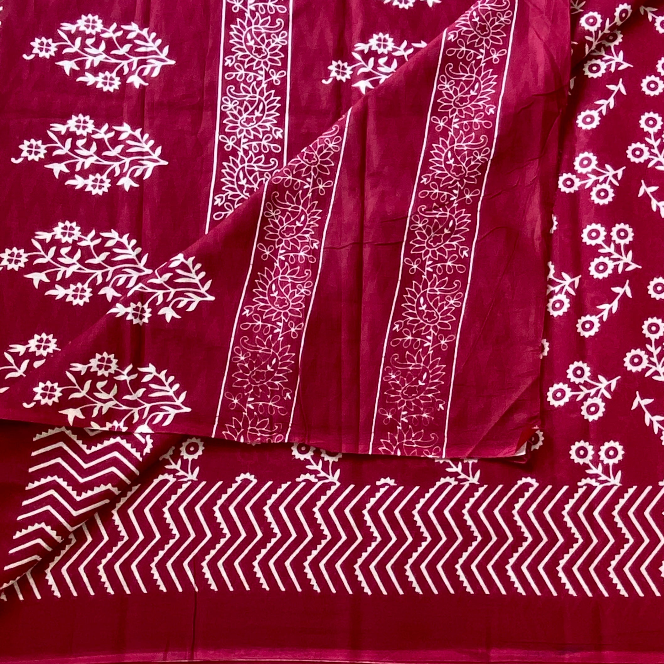 Deep Maroon Floral Block Print Cotton Saree Chevron Border Traditional
