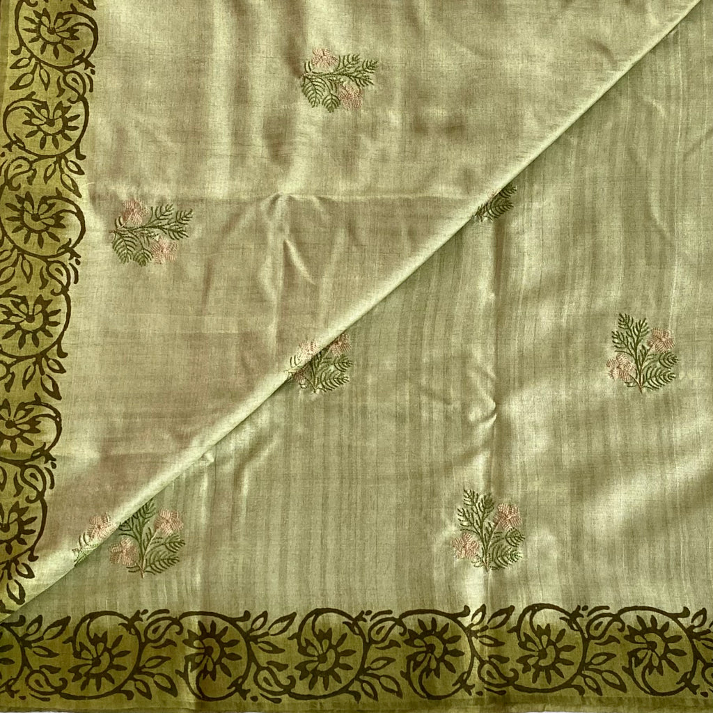 Mint Green Floral Paisley Saree Olive Border Antique Gold Thread