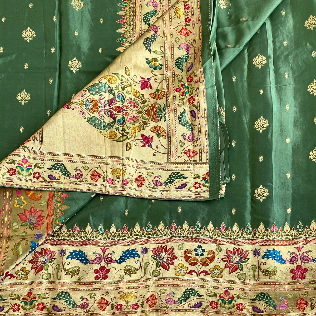 Metallic Sage Green Soft Meenakari Tussar Silk Saree With Antique Gold Floral Pallu