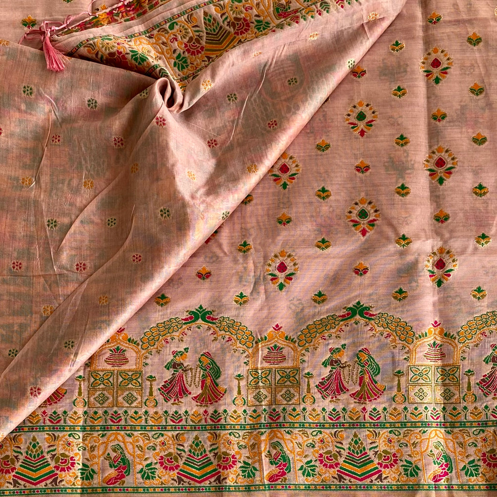 Blush Pink Soft Tussar Silk Saree With Emerald Green Accents