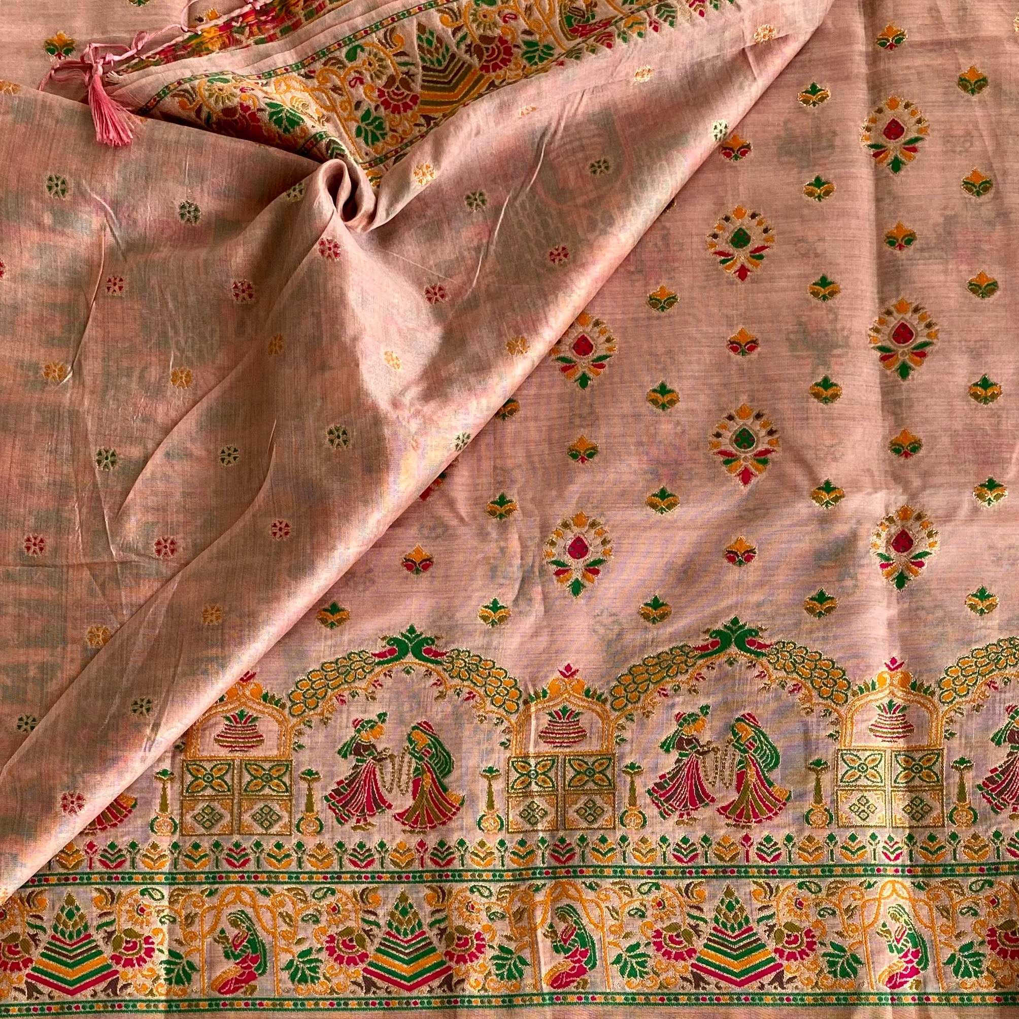 Blush Pink Soft Tussar Silk Saree With Emerald Green Accents