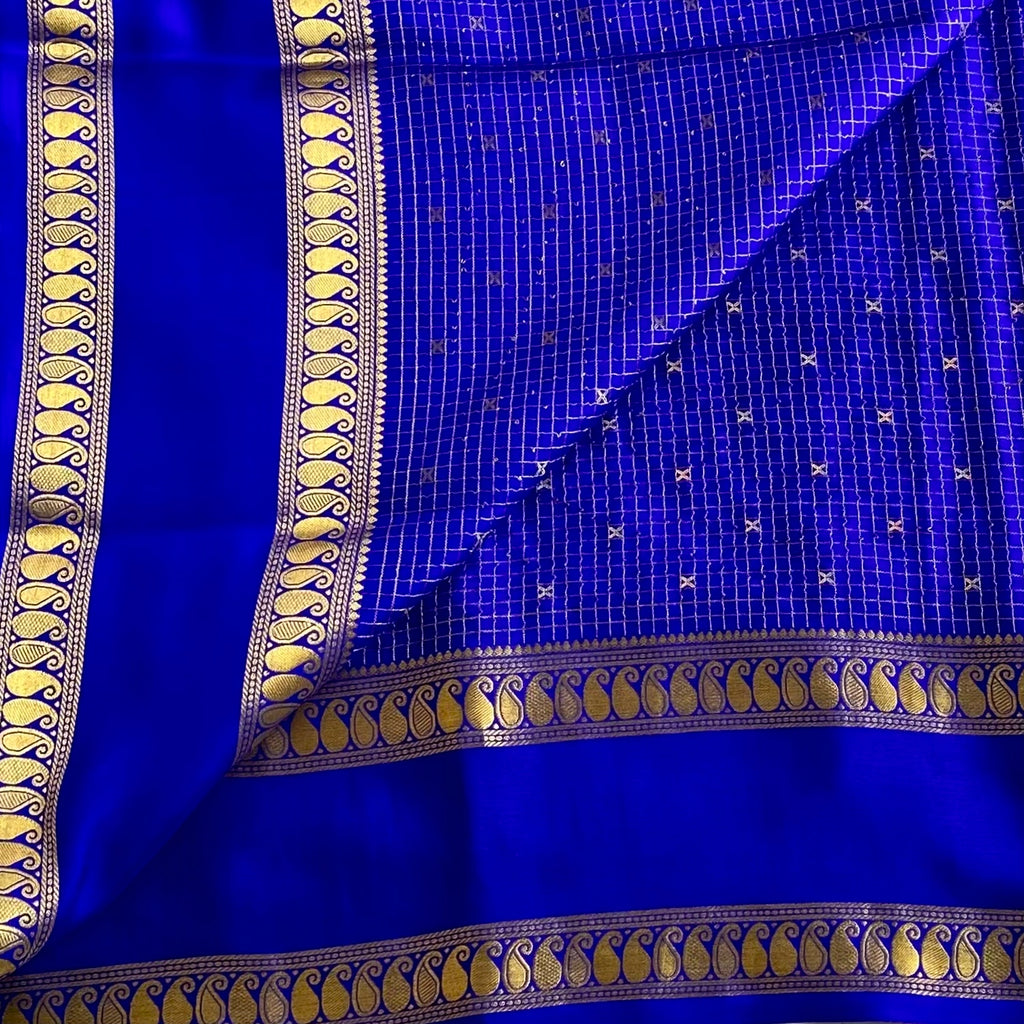Royal Blue Mysore Crepe Silk Saree With Metallic Gold Paisley