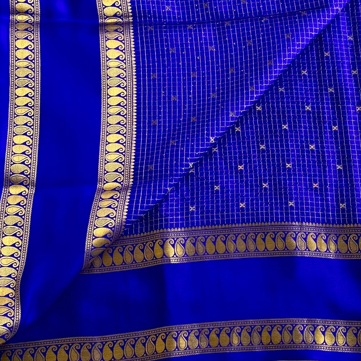 Royal Blue Mysore Crepe Silk Saree With Metallic Gold Paisley