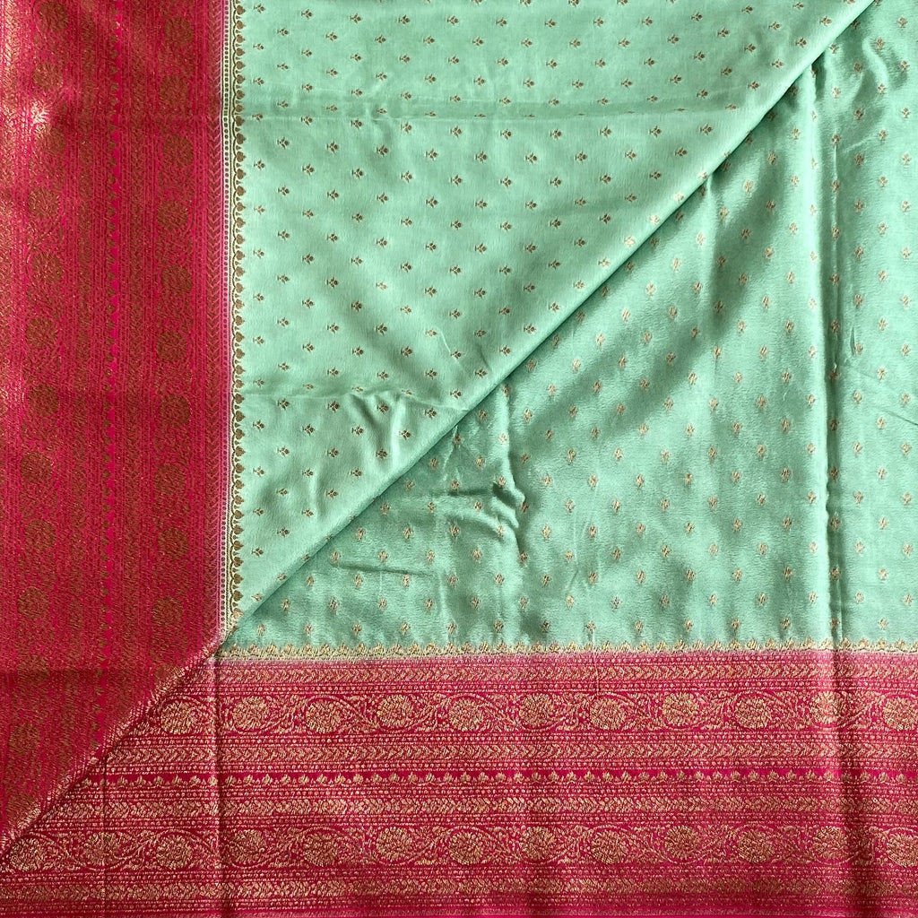 Mint Green & Rani Pink Banarasi Crepe Silk Saree With Antique Zari Buttas