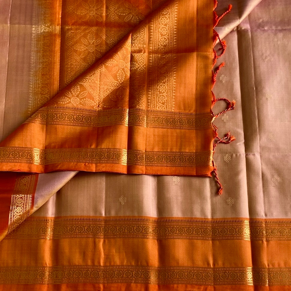 Blush Beige Peach Designer Pure Silk With Tangerine Orange Pallu