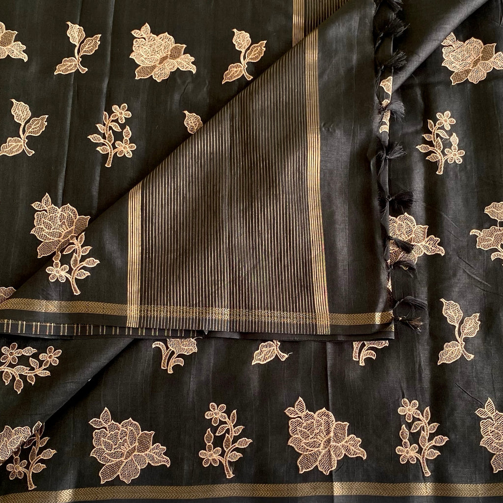 Jet Black Soft Tussar Silk Saree With Blush Embroidery Gold Pallu