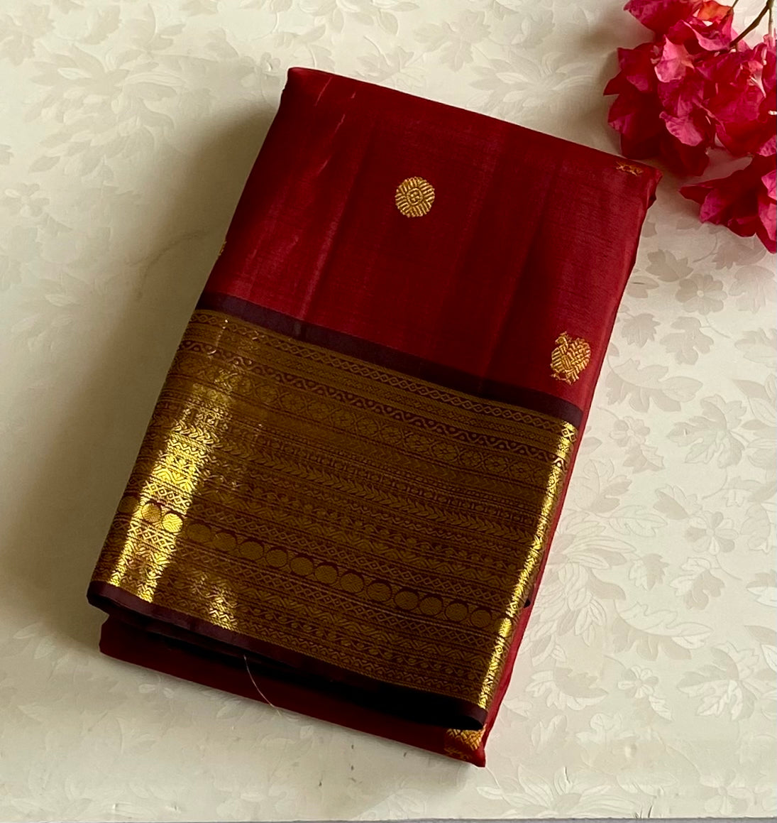 Deep maroon Silk Saree With Gold Brocade Temple Border Buttas