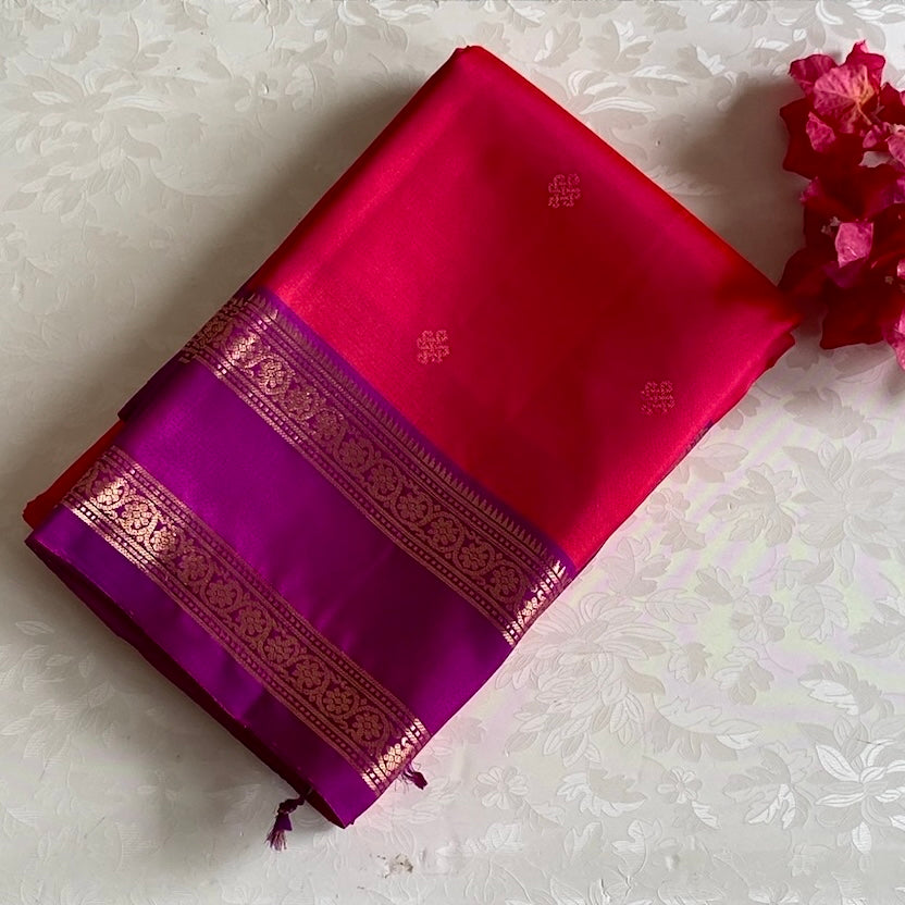 Amaranth Red Designer Pure Silk Saree With Dark Magenta Pallu And Kollam Butis