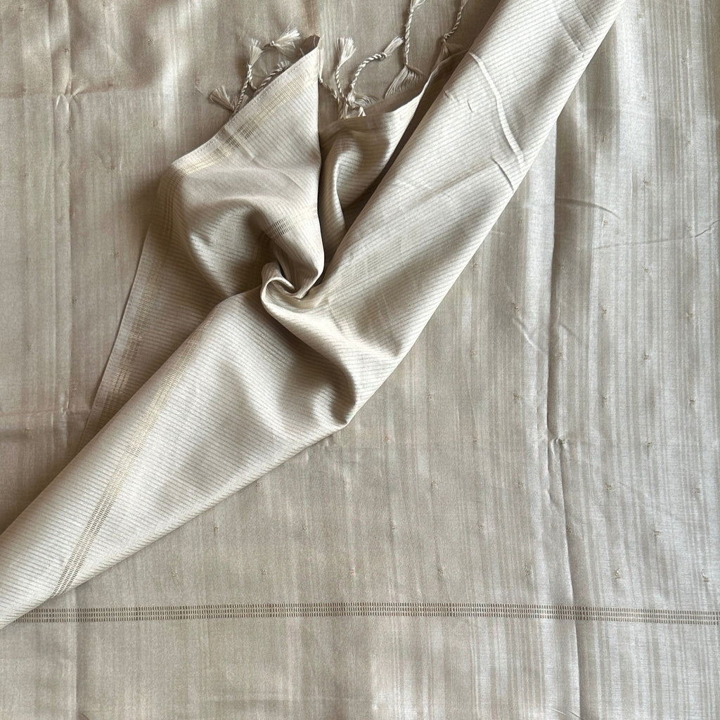 Champagne Beige Saree With Gold Buti And Thin Zari Border