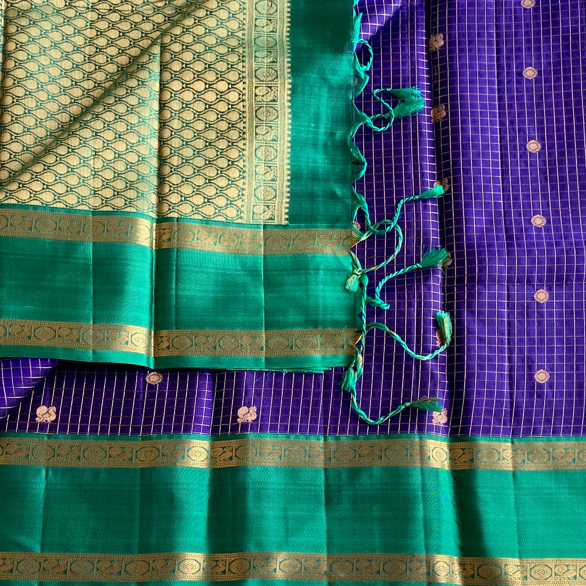 Royal Indigo Blue Checkered Pure Silk With Turquoise Contrast