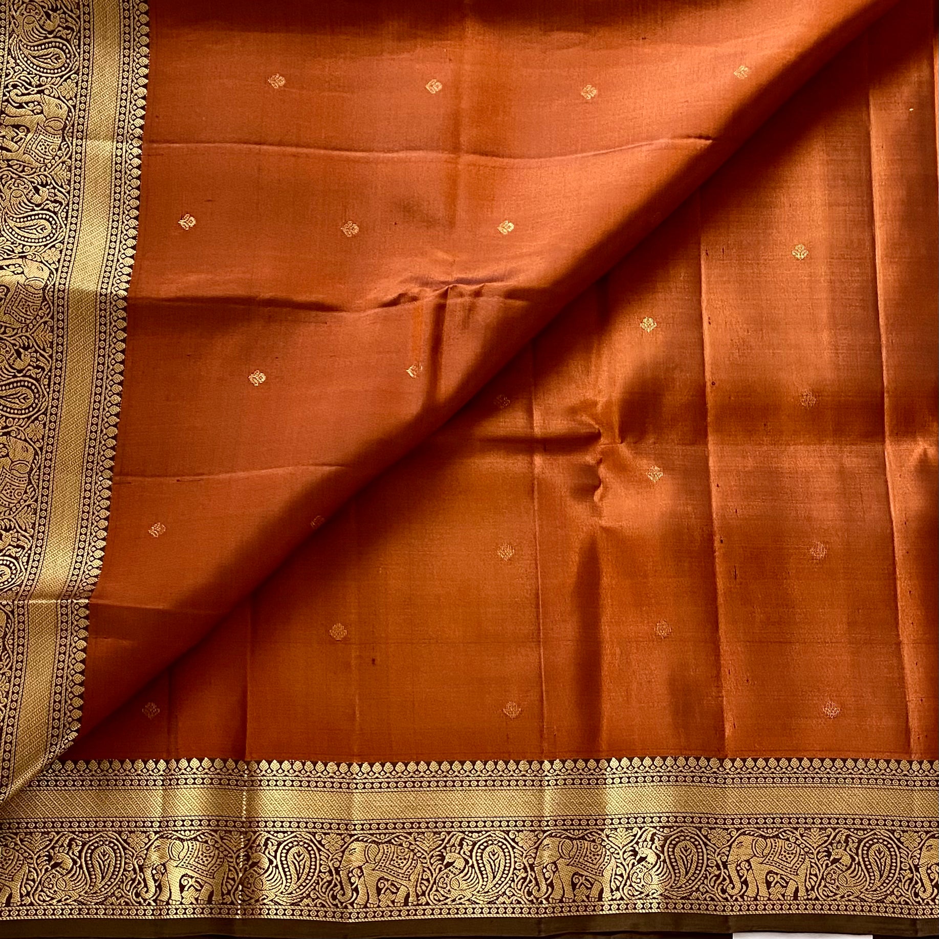 Burnt Orange Designer Pure Silk Saree Hazelnut Brown Zari Border