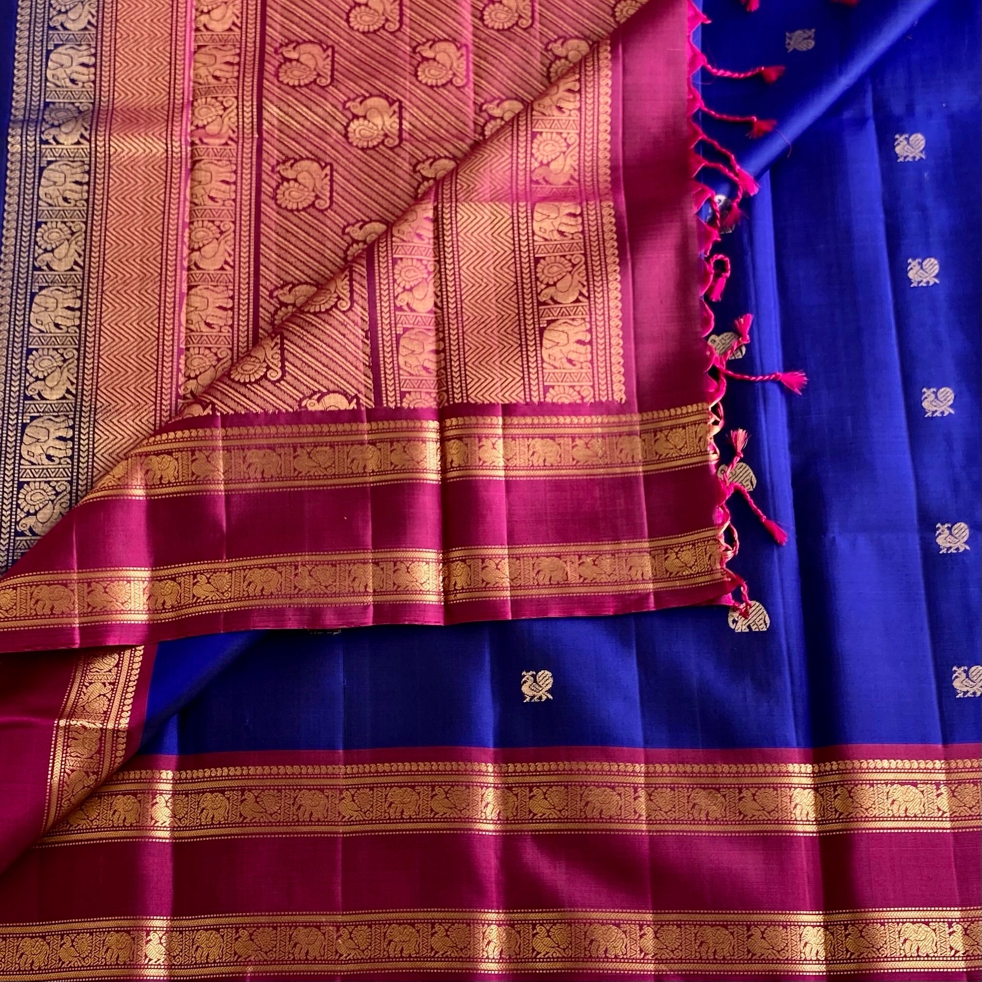 Royal Blue Designer Pure Silk Saree With Magenta Pallu And Gold Zari