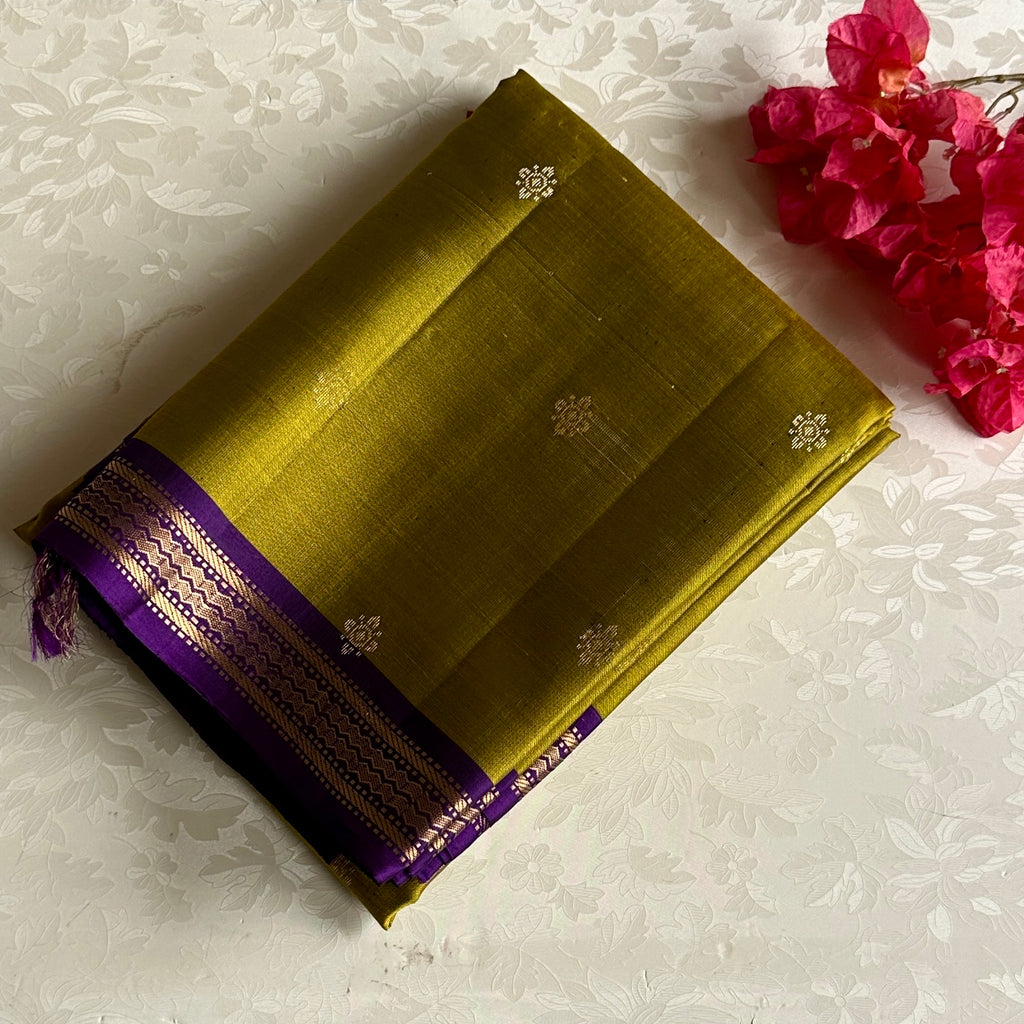 Olive Green And Royal Purple Designer Pure Silk Saree For Weddings