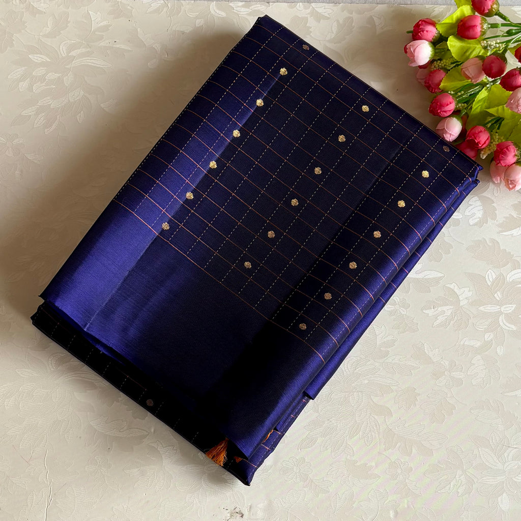 Deep Navy Blue And Mustard Gold Designer Pure Silk Saree