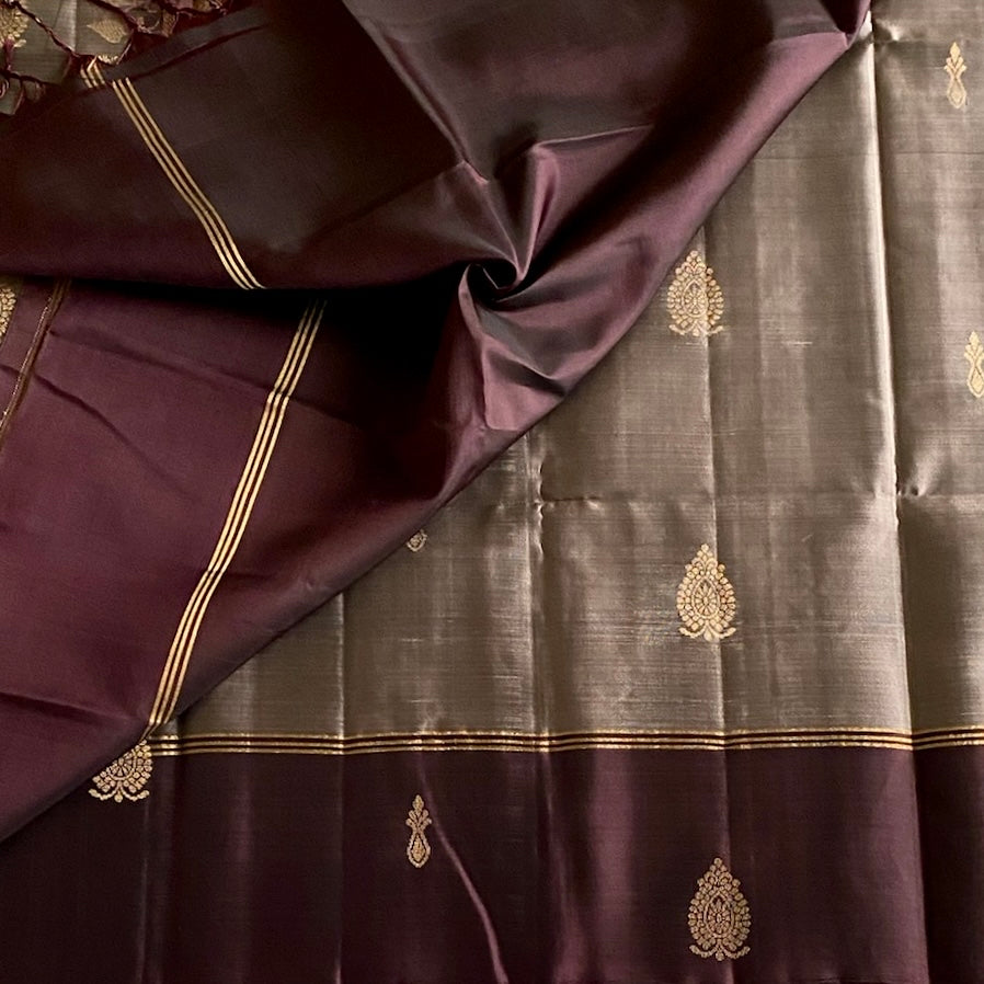 Metallic Grey with Aubergine Designer Pure Silk With Gold Zari
