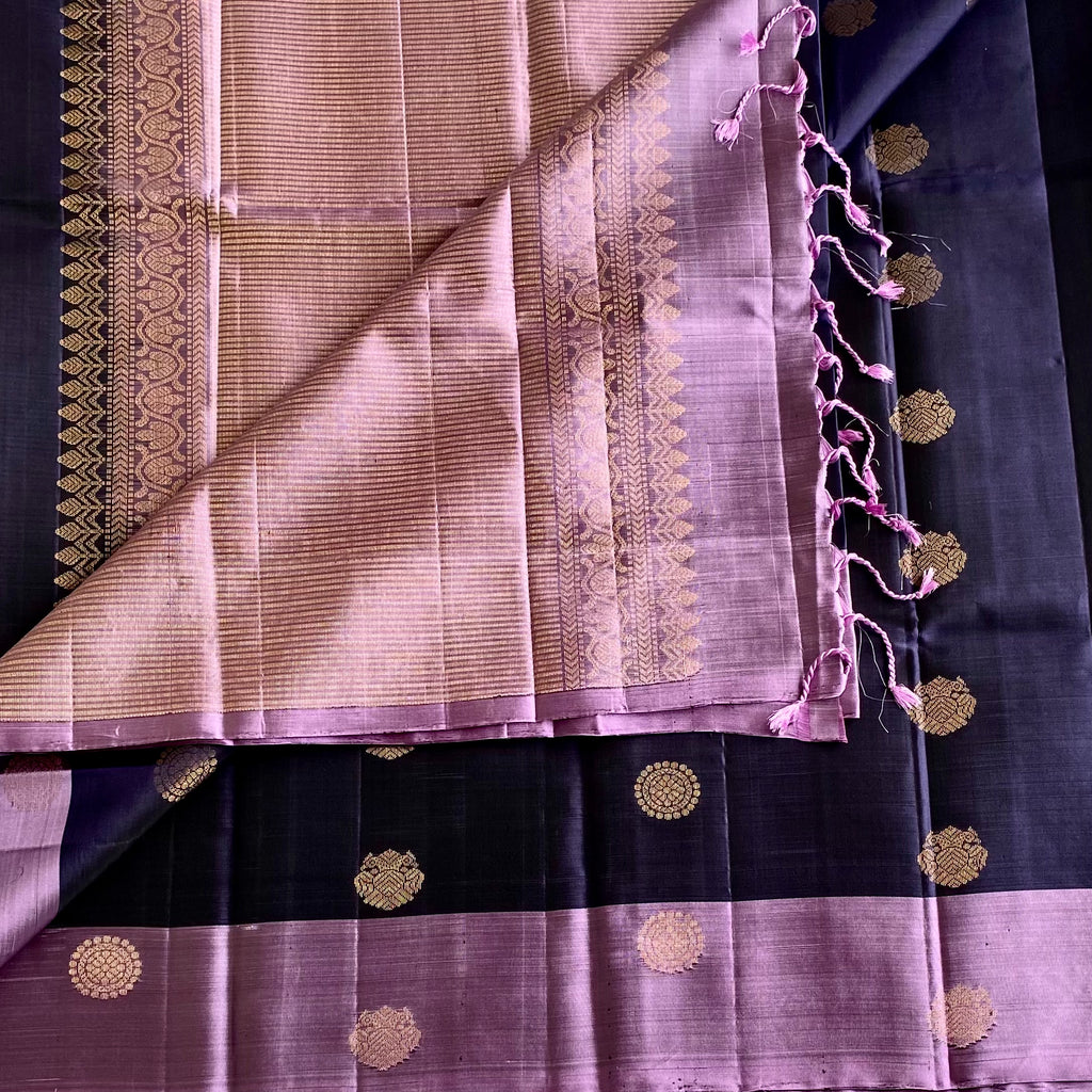 Deep Bluish Purple Designer Pure Silk Saree With Metallic Mauve