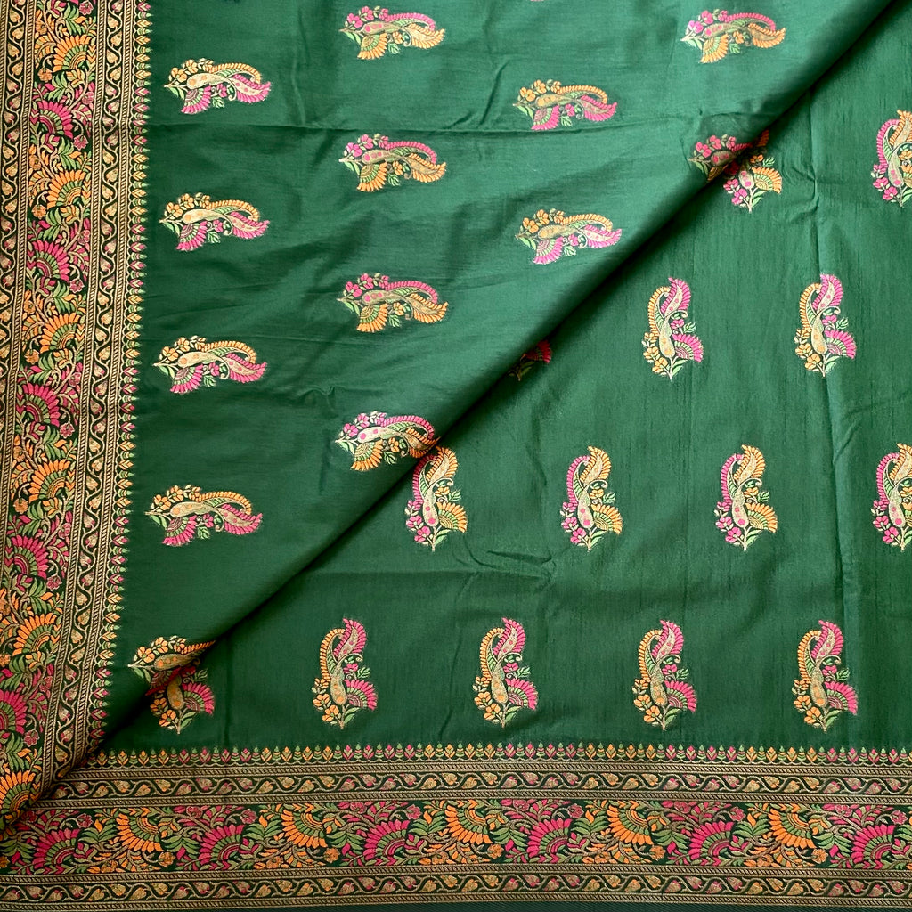 Emerald green with Meenakari woven(not printed) soft tussar with rich pallu