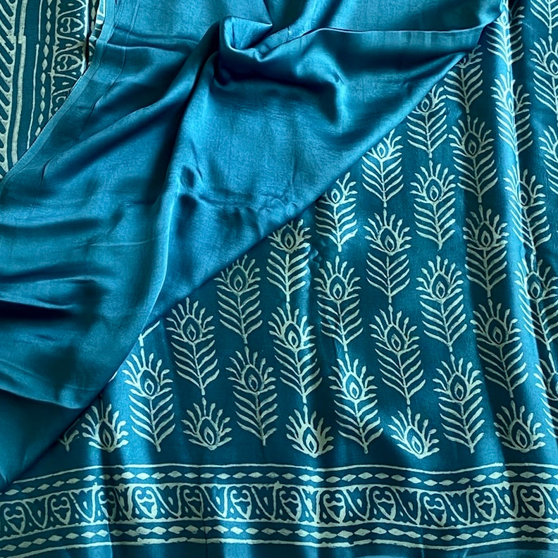 Dreamy Blue Ajrakh Handblock Printed Silk Saree Feather buttas
