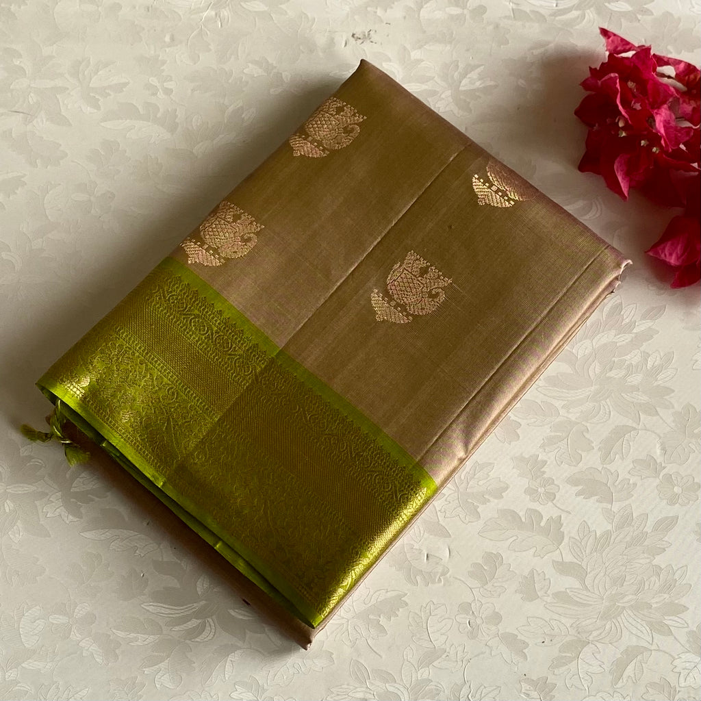 Subtle Golden Beige Designer Pure Silk Saree With Chartreuse Green Pallu