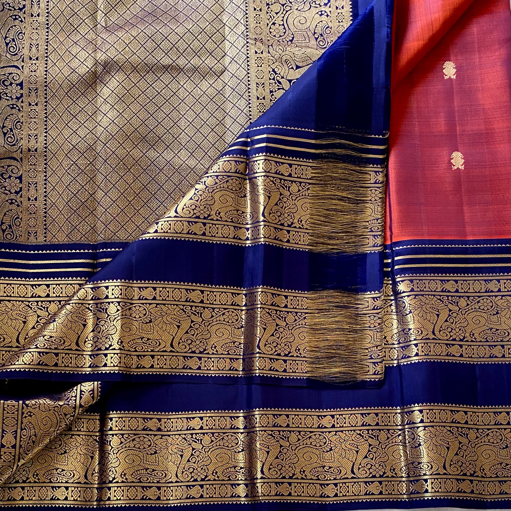 Vintage Masterpiece Rust with Classic Navy Blue Pure Kanjeevaram Silk