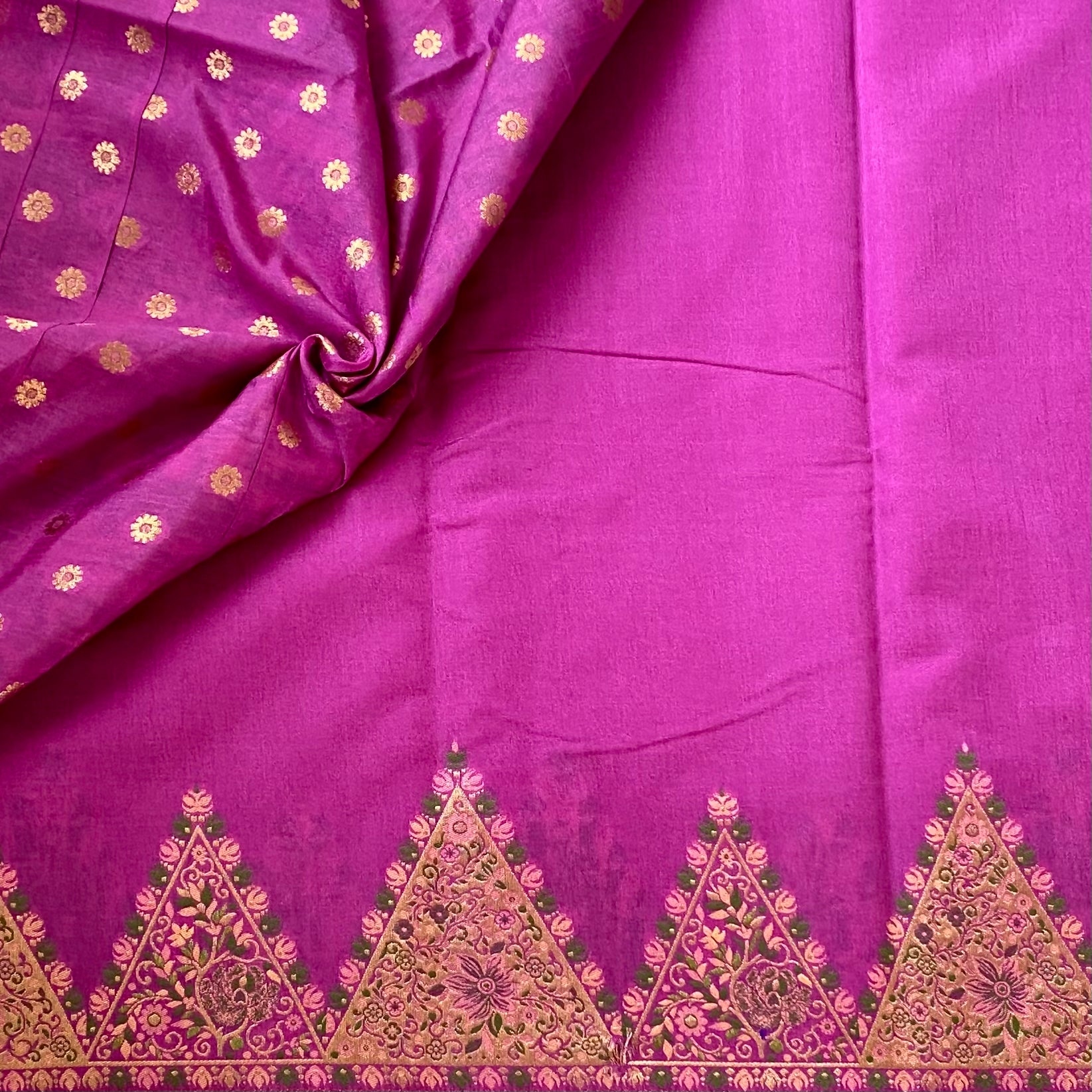 Fuchsia soft tussar with Meenakari temple borders n rich pallu