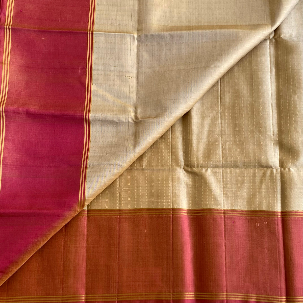 Champagne Beige Designer Pure Silk Saree With Rose Pink Pallu