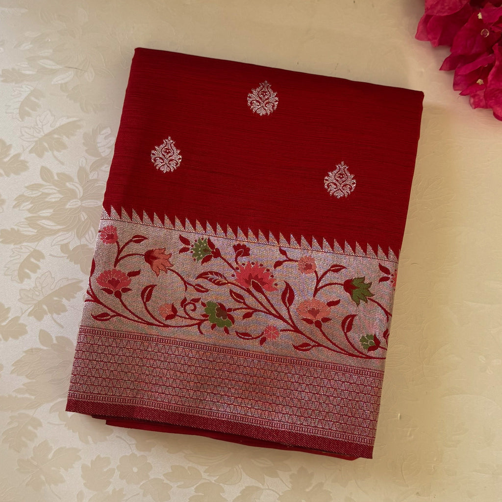 Crimson Banarasi Silk Saree With Blush Pink Floral Zari Pallu