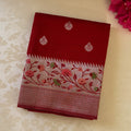 Crimson Banarasi Silk Saree With Blush Pink Floral Zari Pallu