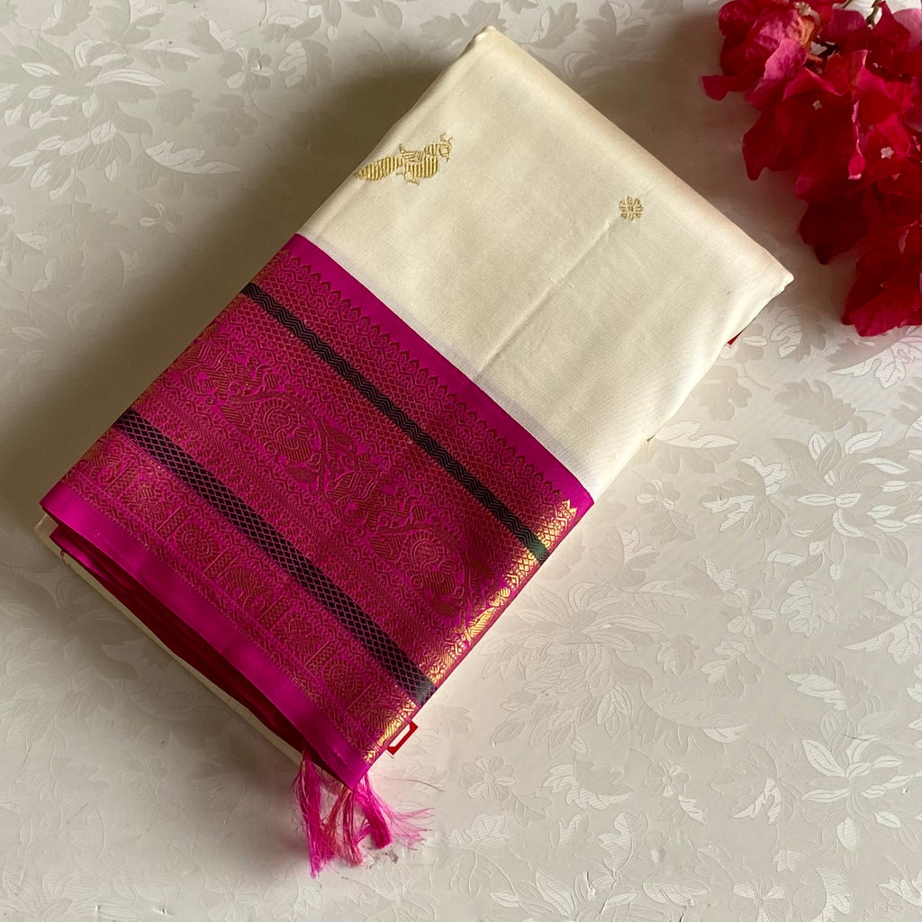Ivory Pearl White Regal Pure Zari Kanjeevaram With Rani Pink Contrast