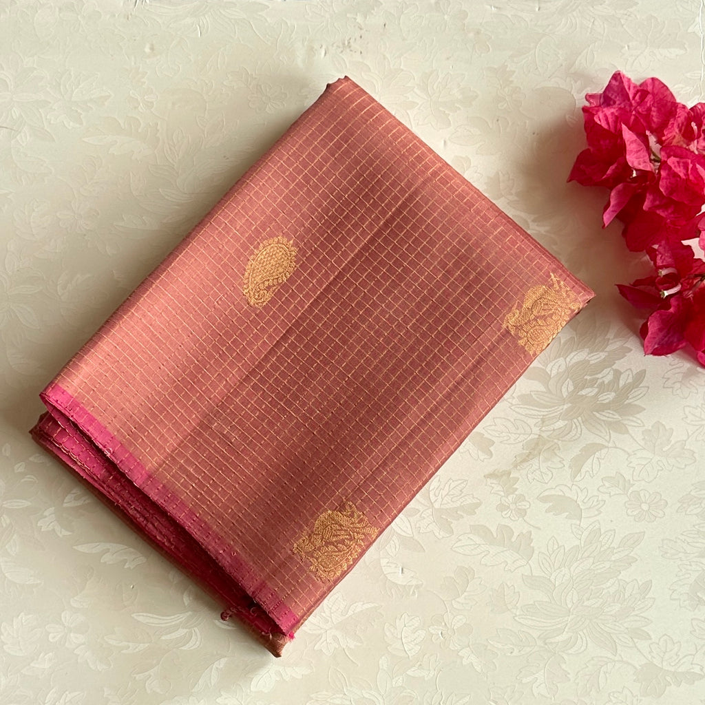 Dusty Rose Woven Saree With Gold Buttas Narrow Magenta Border