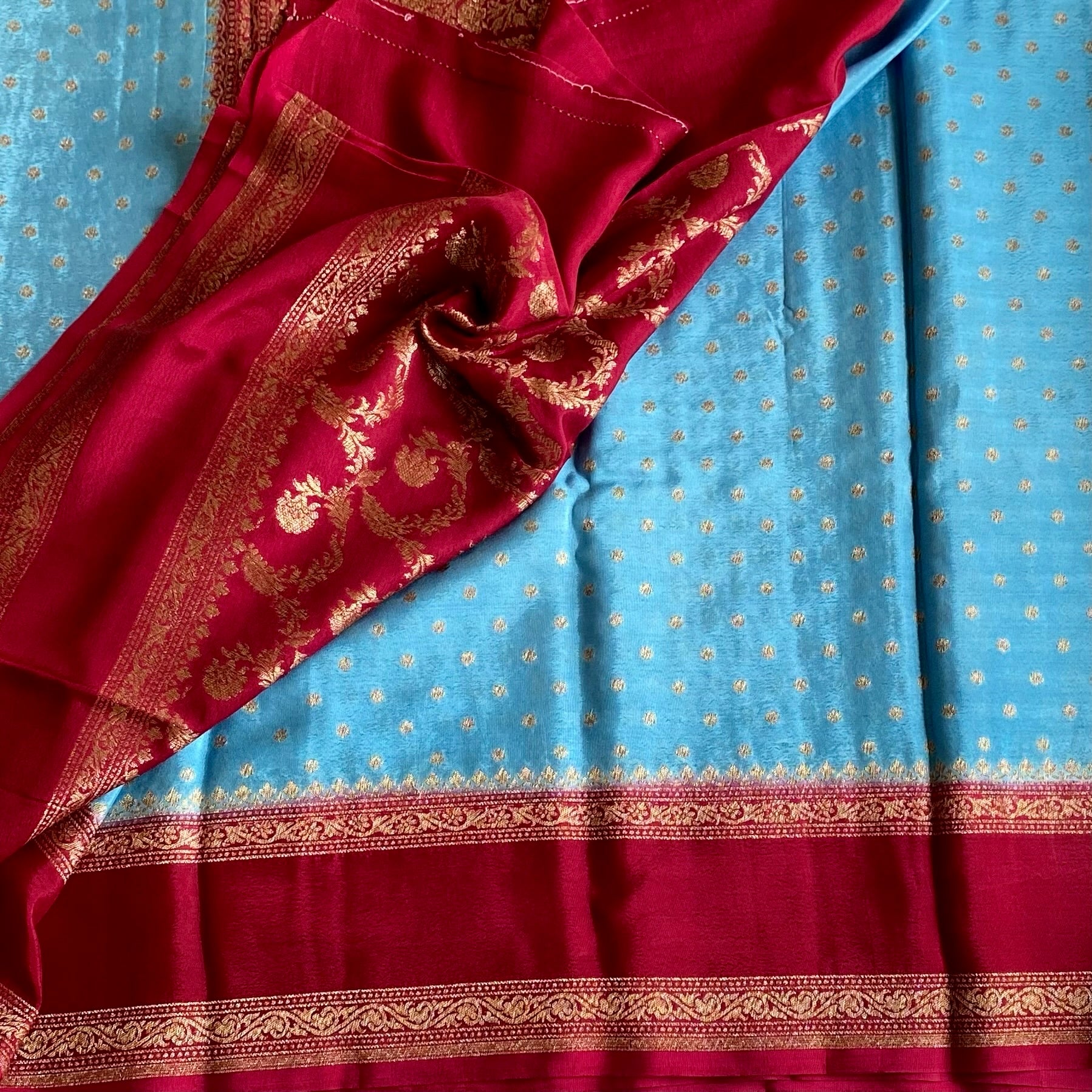 Rare Sky Blue Banarasi Crepe Silk Saree With Deep Maroon Panels