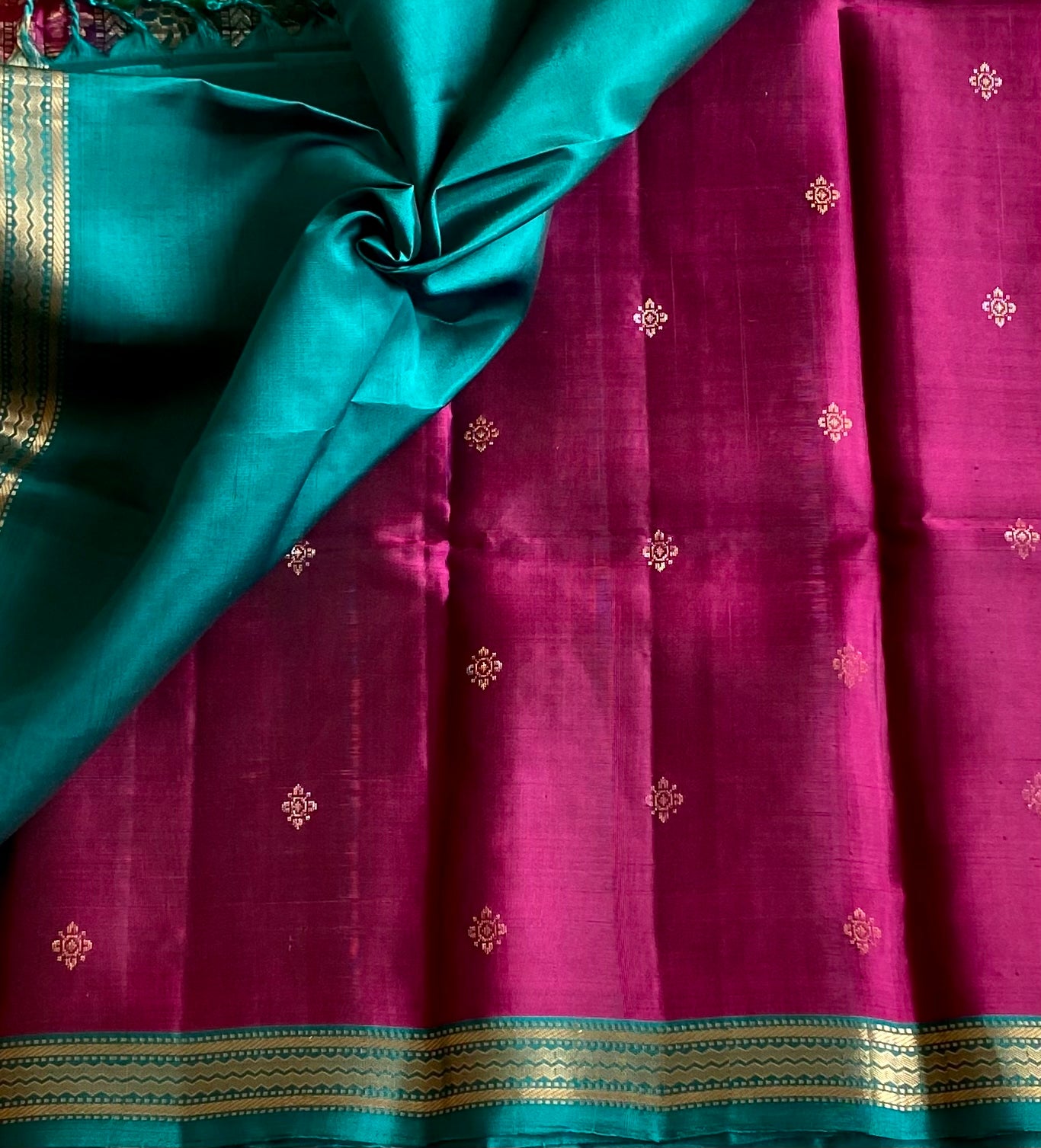Magenta Teal Silk Saree Silver Zari Floral Pallu Traditional Festive