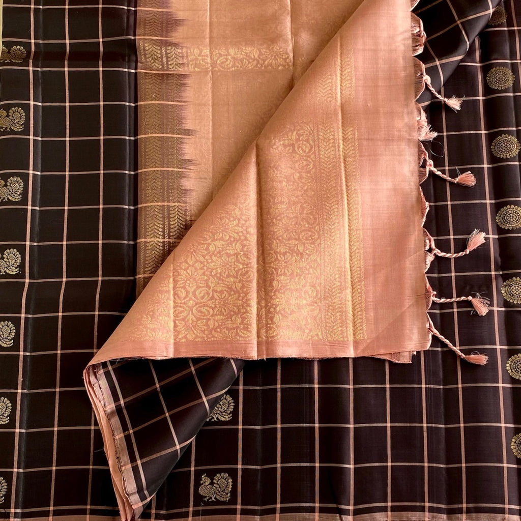 Espresso Brown Designer Pure Silk Saree With Peach Pink Pallu