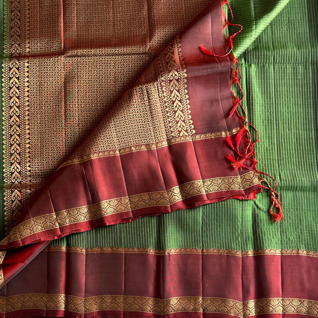 Maroon Silk Saree Gold Zari Border Green Striped Pleats