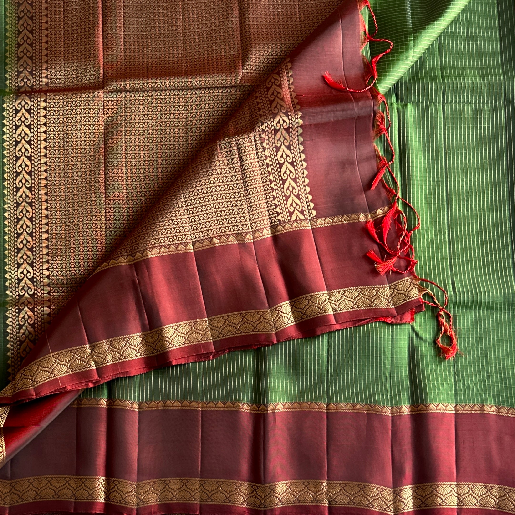 Maroon Silk Saree Gold Zari Border Green Striped Pleats