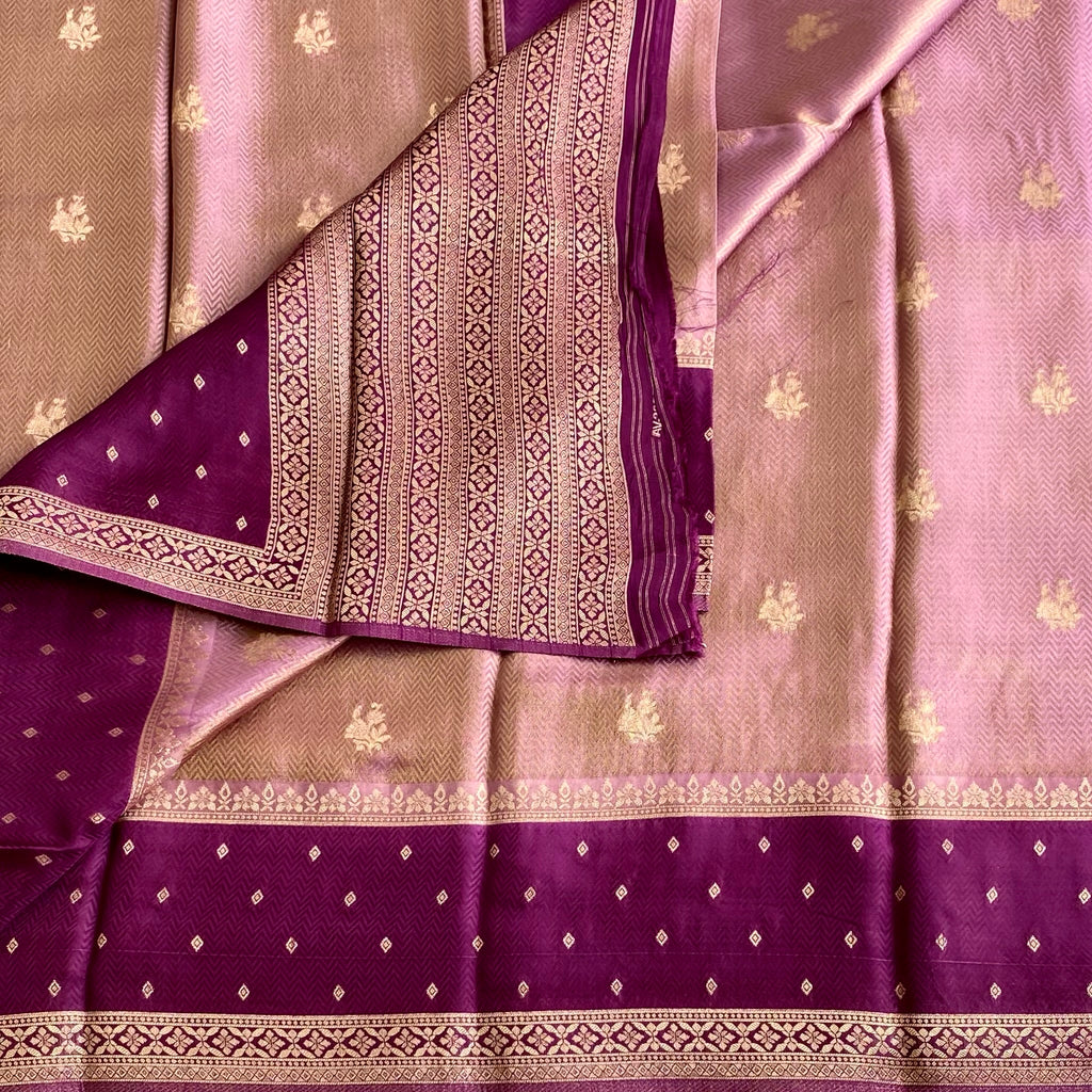 Blush Pink Soft Crepe Silk Saree With Rich Magenta Pallu Gold Zari