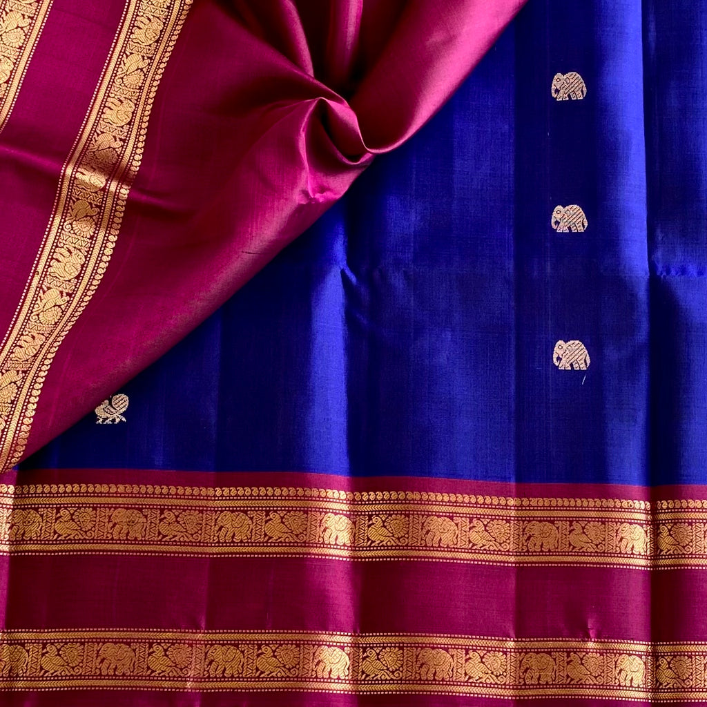 Royal Blue Designer Pure Silk With Luxurious Magenta Pallu