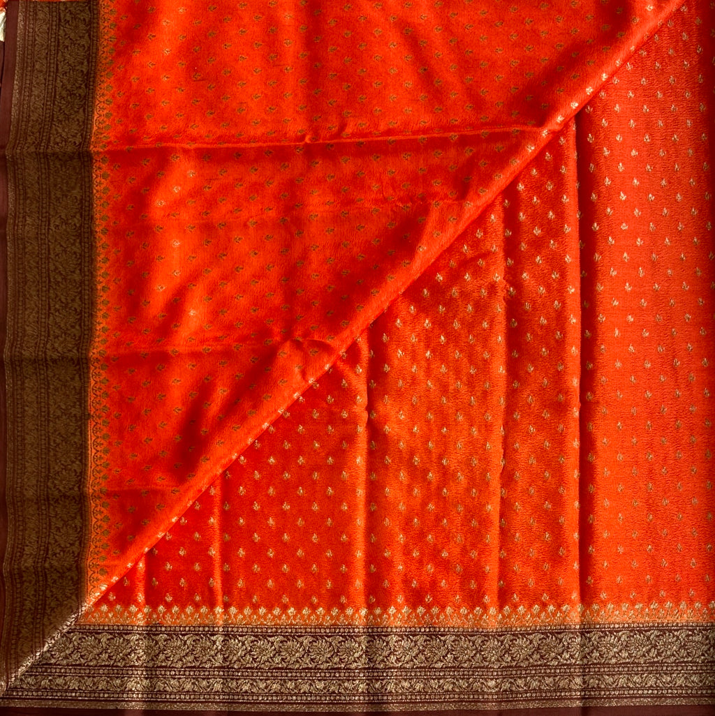 Rust orange with Wine Brown Banarasi Soft Crepe Silk