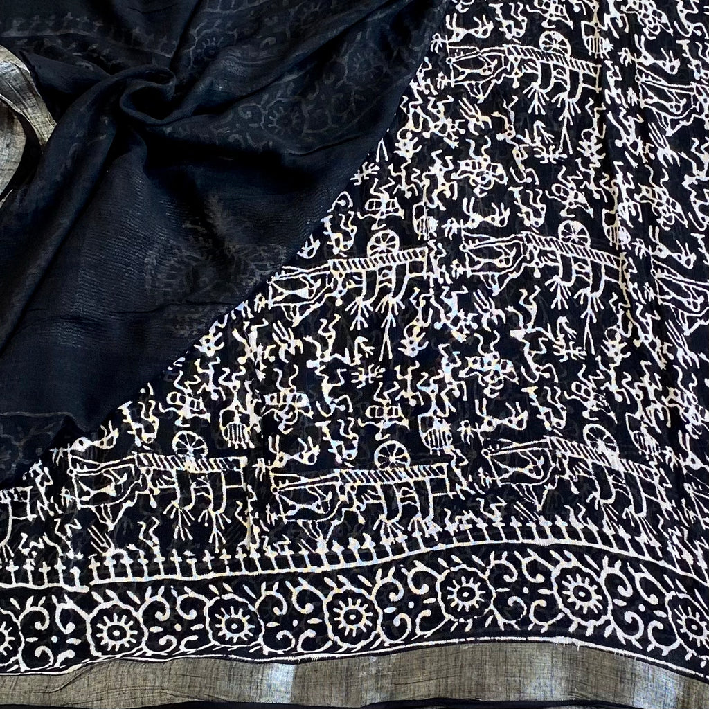 Jet Black Soft Block Printed Linen With Bright White Warli Print