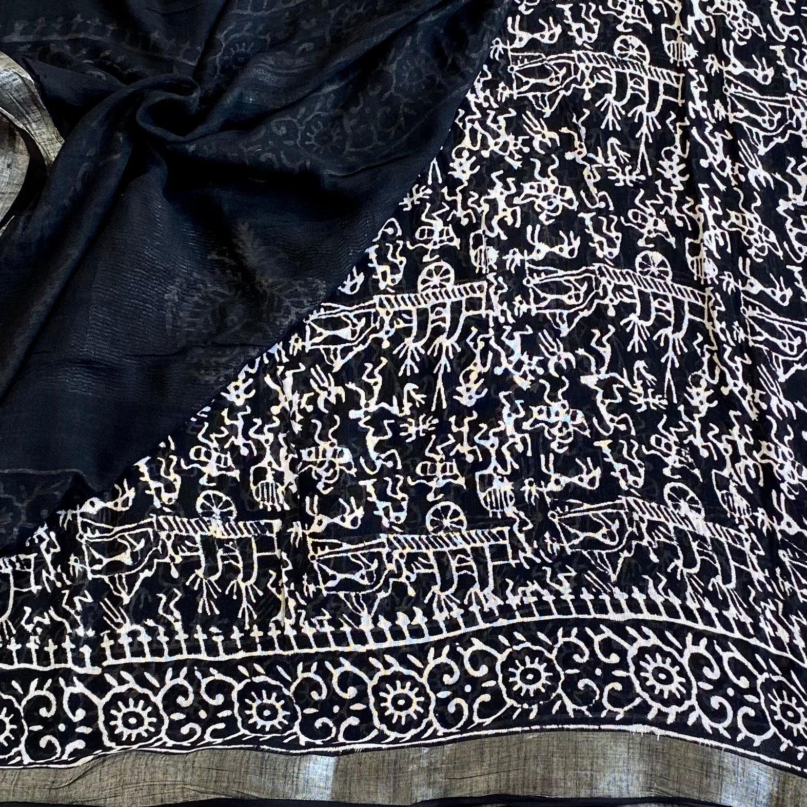 Jet Black Soft Block Printed Linen With Bright White Warli Print