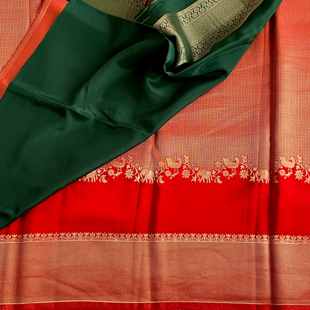 Ruby Red Soft Crepe Silk Saree Antique Gold Pallu Elephant Border