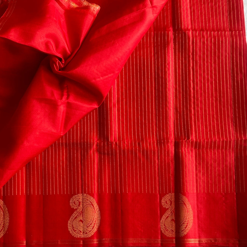 Vermilion Red Saree Gold Zari Paisley Border Diamond Pallu Weave