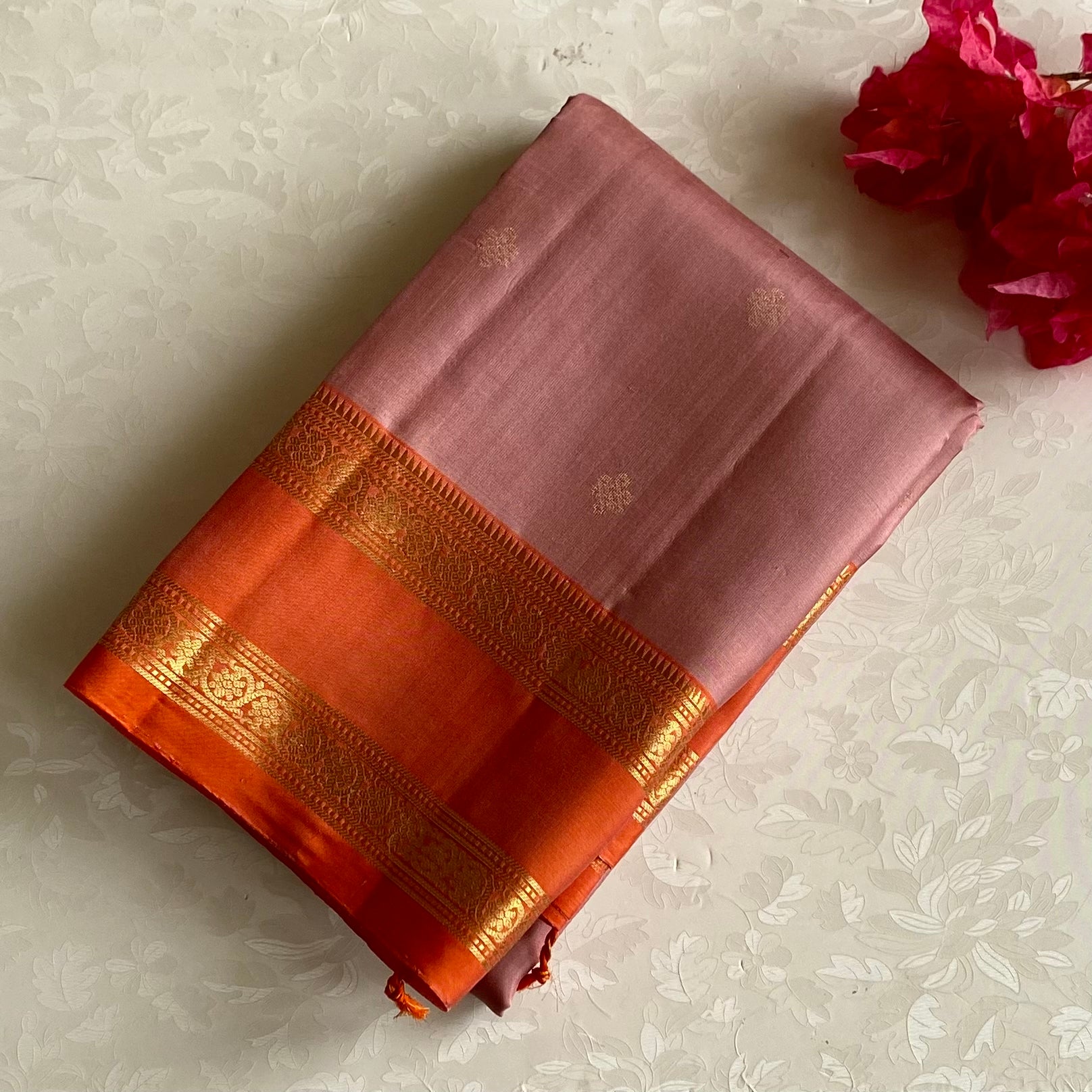 Blush Pink Designer Pure Silk Saree With Sunset Orange Pallu
