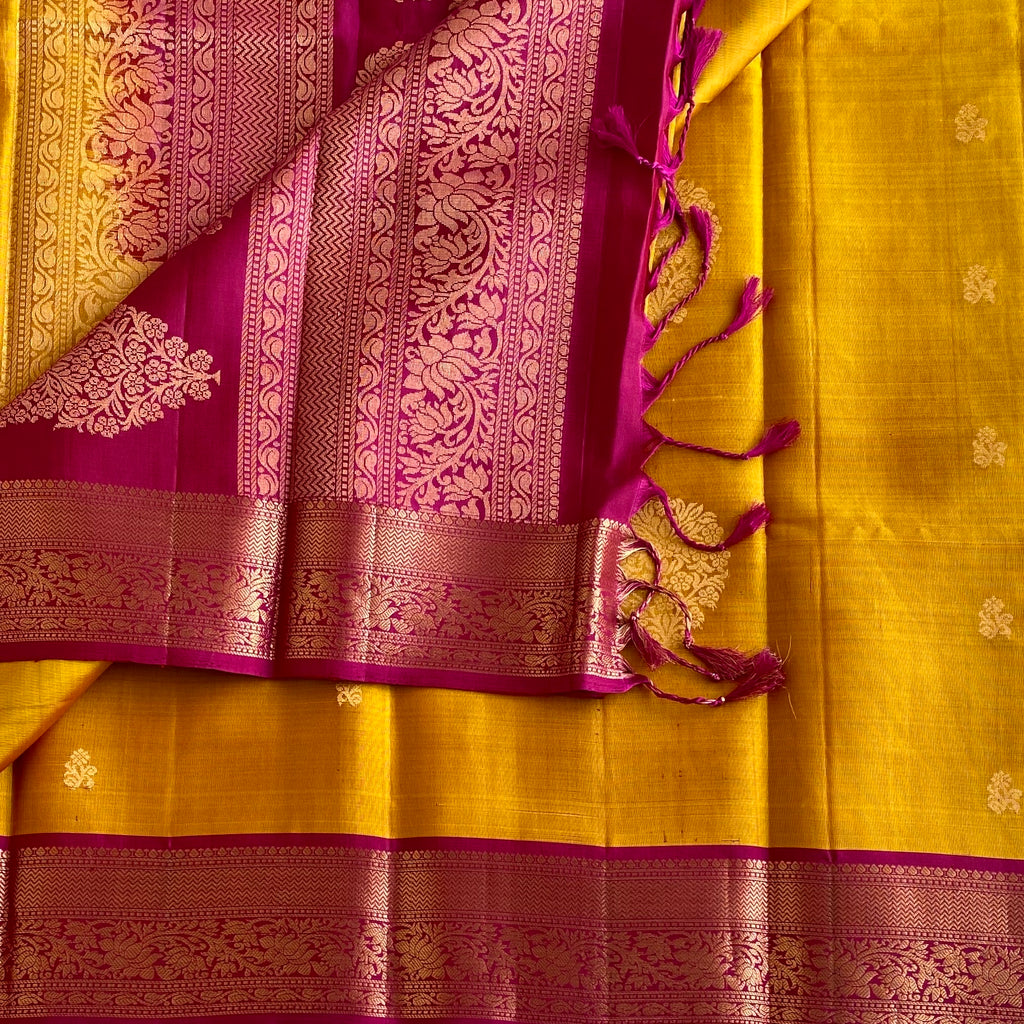 Mustard Gold Handloom Designer Pure Silk Saree With Raspberry Pink Pallu