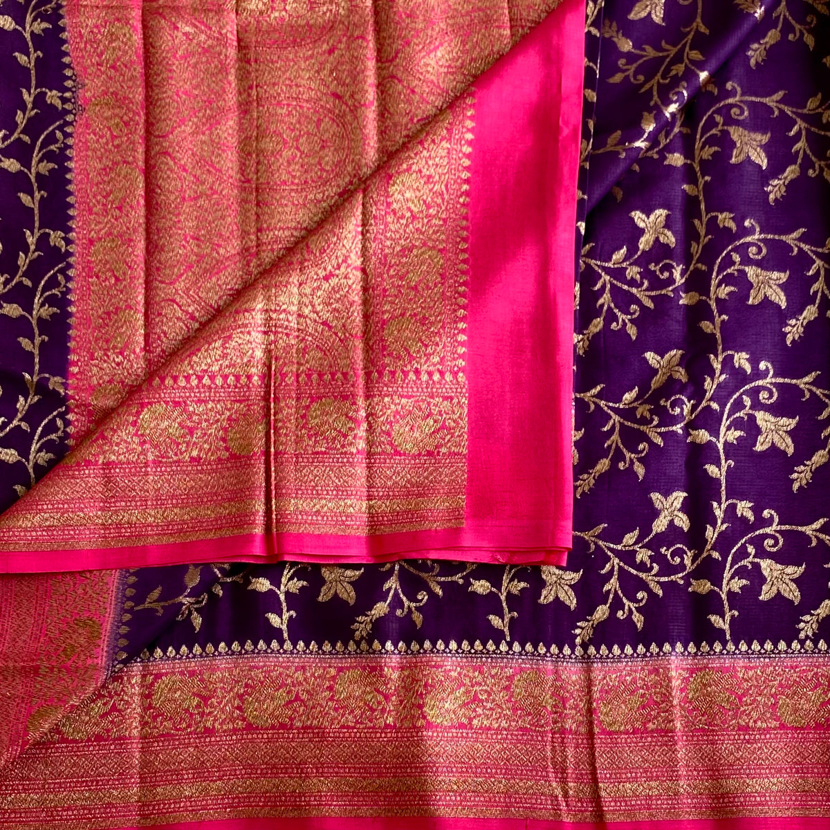 Royal Purple & Rani Pink Banarasi Crepe Silk Saree With Jaal Weave