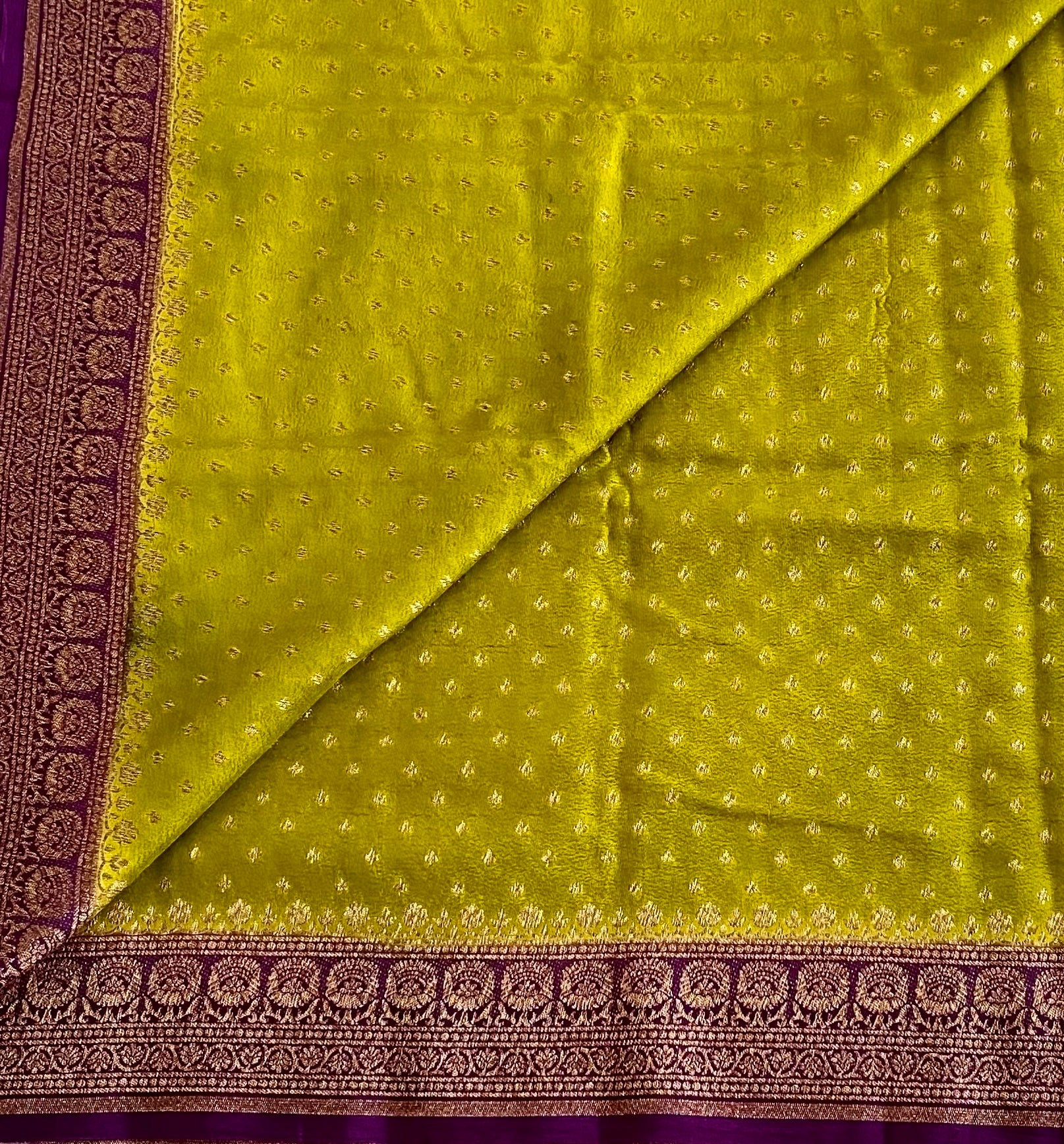 Lime Green Banarasi Soft Crepe Silk Saree With Royal Purple Pallu