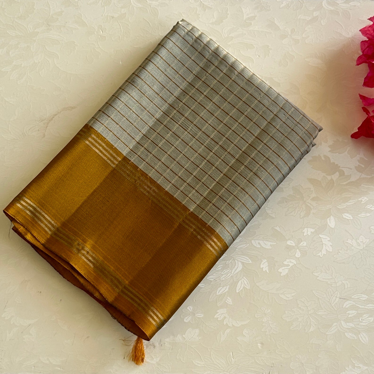 Metallic Amber Silk Saree Pale Silver Checked Pallu Gold Border